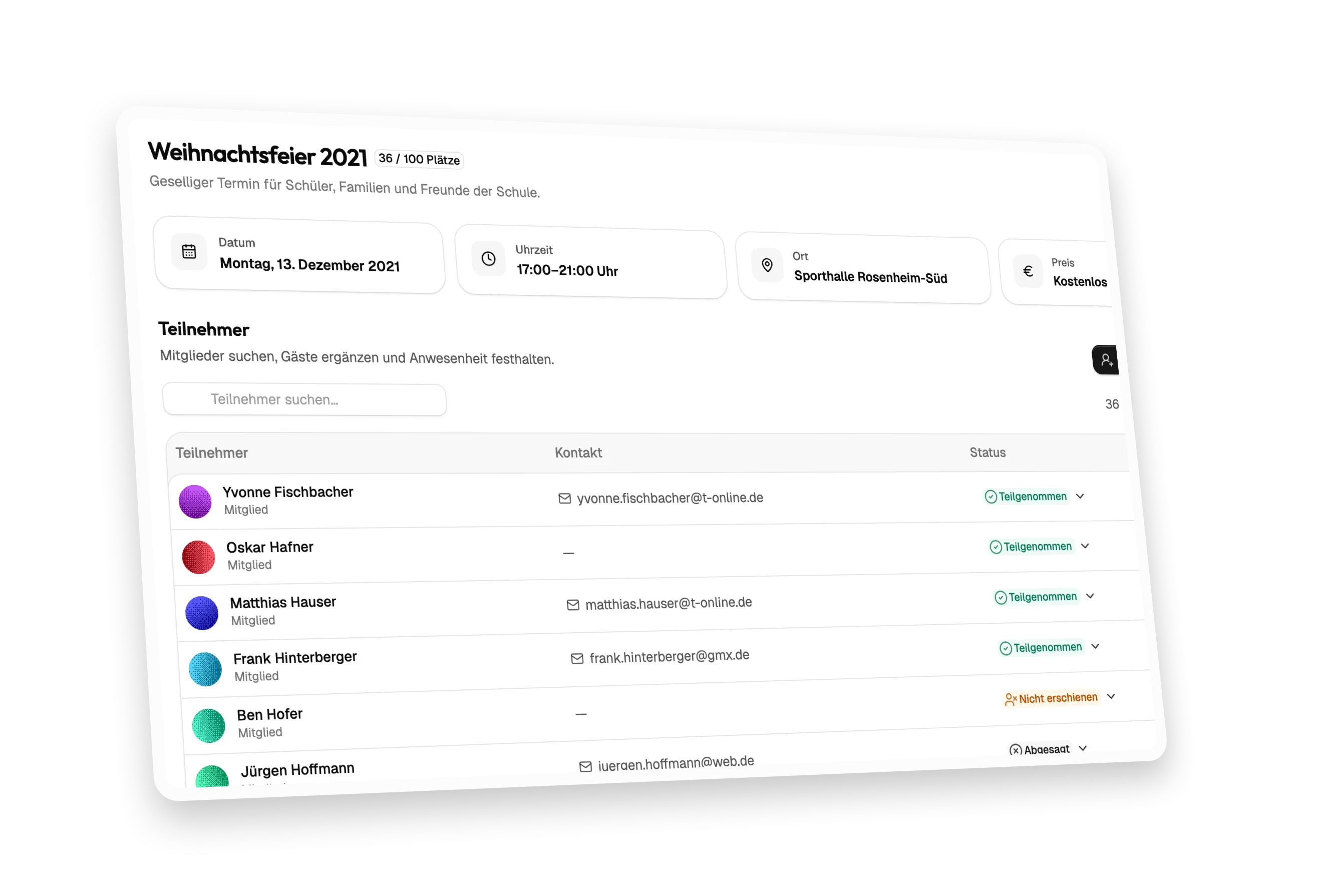 Veranstaltungsplanung in matdesk: Weihnachtsfeier mit Teilnehmerliste